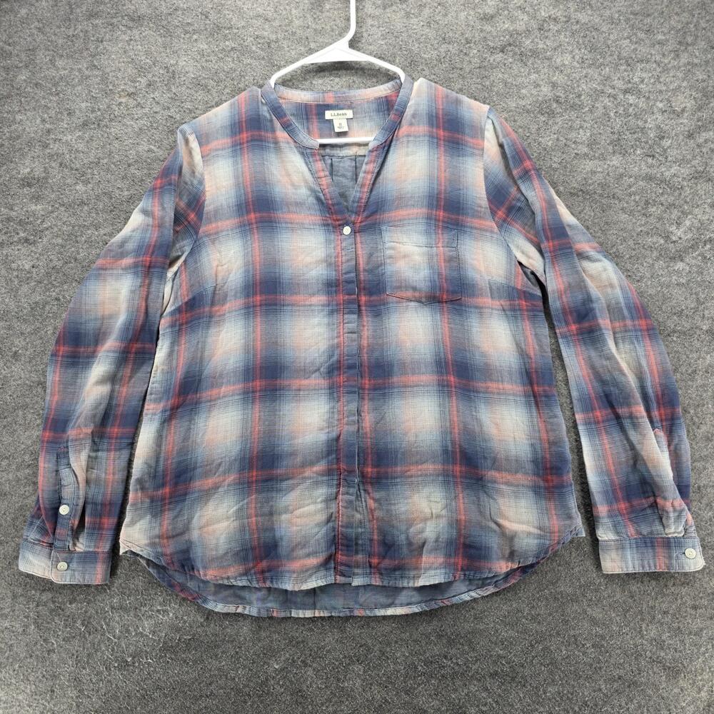 L.L.Bean Shirt Womens Medium Blue Red Plaid Tunic Popover V Neck Long Sleeve